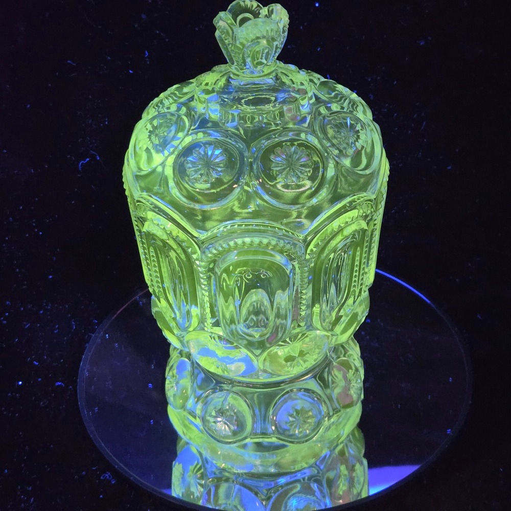 Adams Palace EAPG Moon & Star Manganese Glow Lidded Candy Dish Compote UV‎